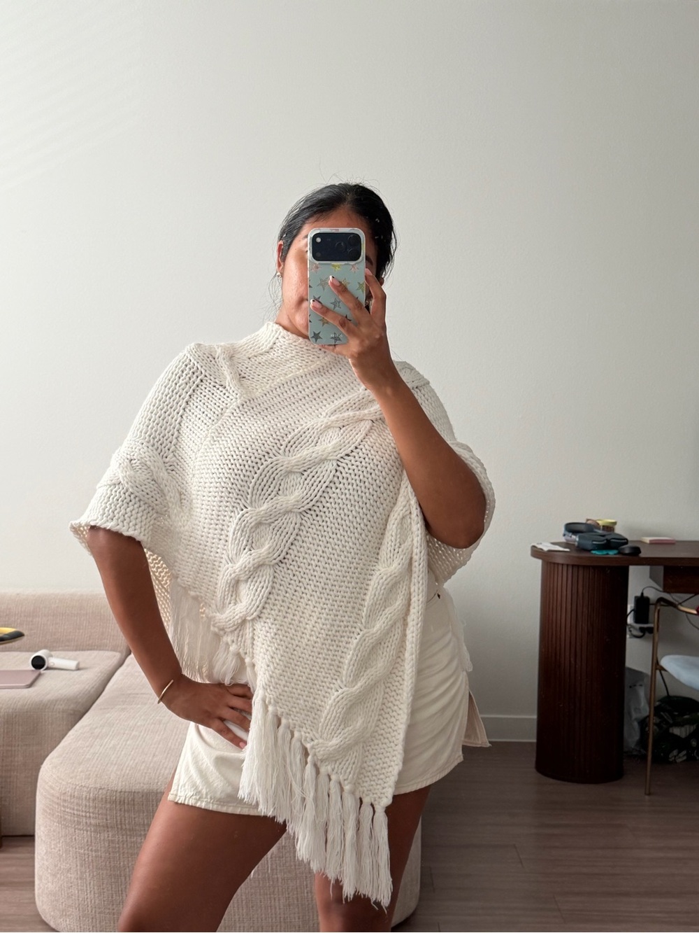 St. John's Bay Cream Cable-Knit Fringe Poncho